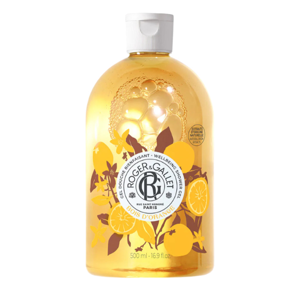 Bottle of Roger & Gallet's Bois D'Orange Shower Gel in front of a flat white background.