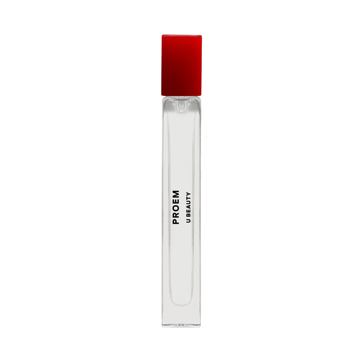 Clear perfume bottle with red cap on a white background