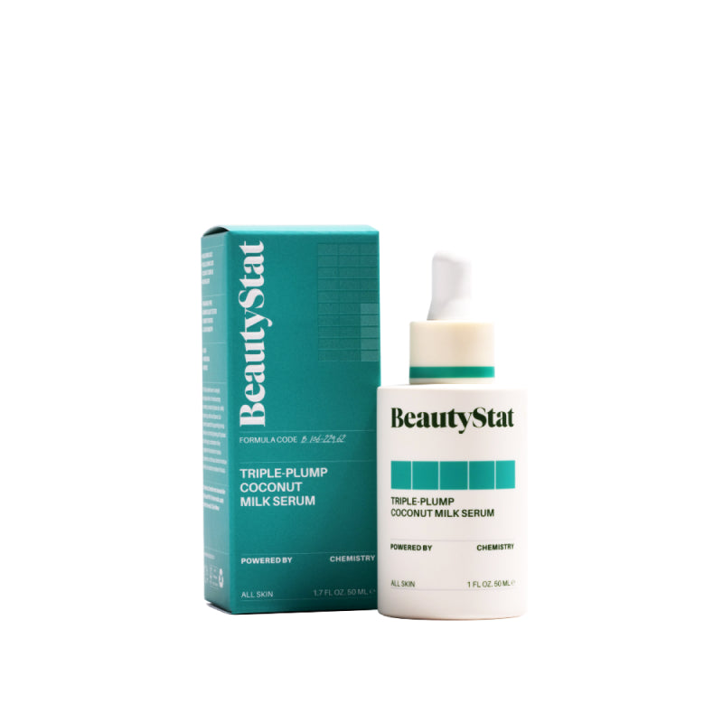 BeautyStat Triple-pump Coconut Milk Serum next to its packaging on a white background