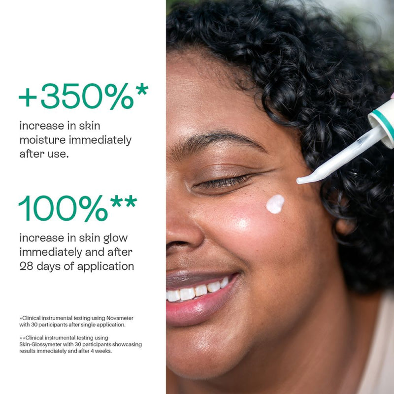 Woman applying the BeautyStat Triple-pump Coconut Milk Serum next to text about product results