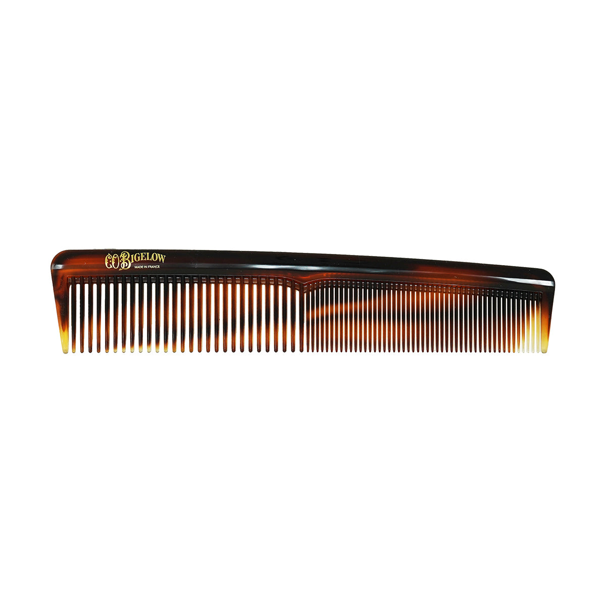 Tortoiseshell comb with C.O. Bigelow logo on a white background