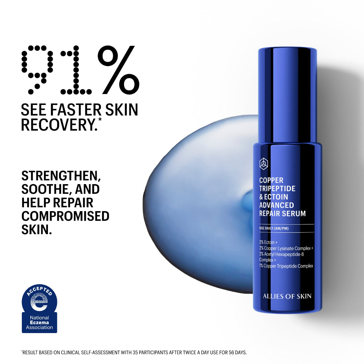 Blue serum bottle with text about faster skin recovery on a white background
