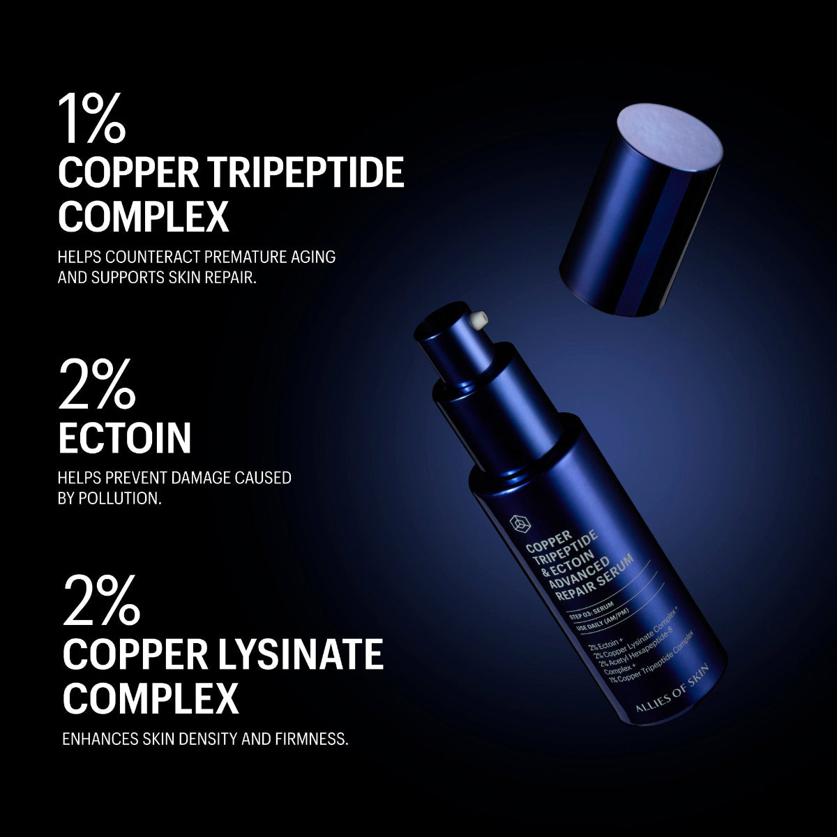 Blue skincare serum bottle with ingredients listed on a dark background