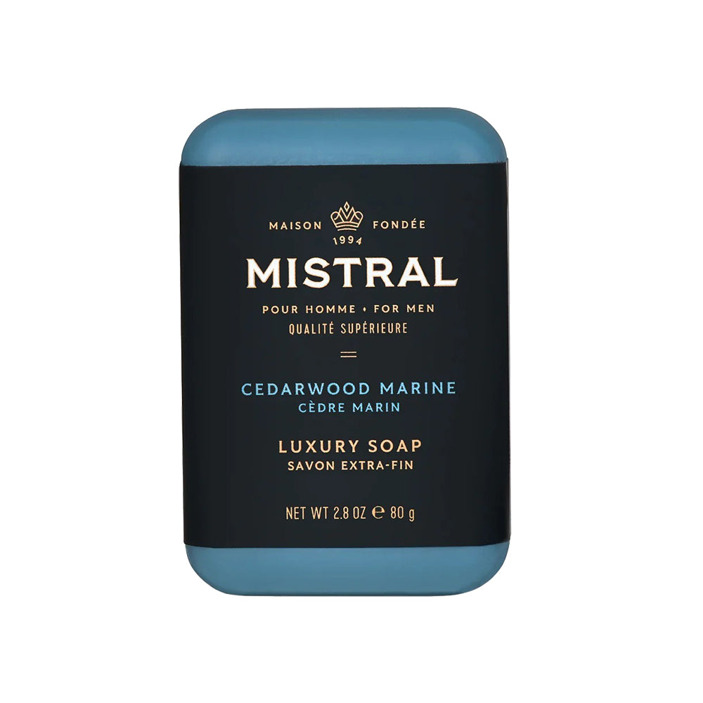 Mistral Cedarwood Marine luxury soap packaging on a white background
