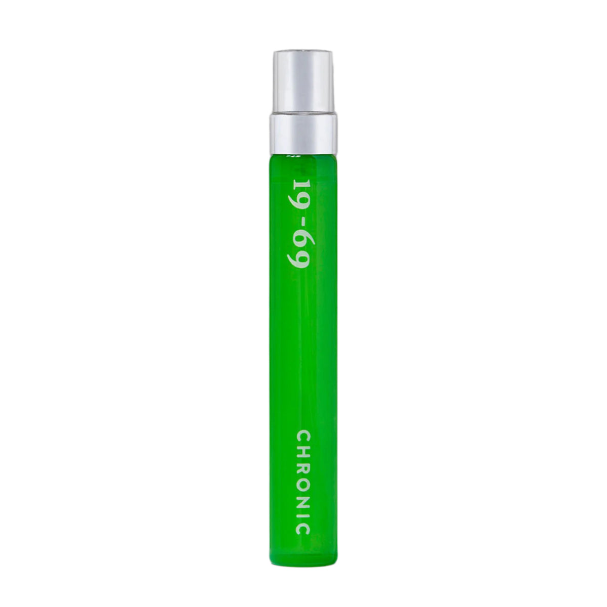 16-69 Chronic Eau de Parfum Travel Spray bottle.  Slender bottle with green tinted glass.