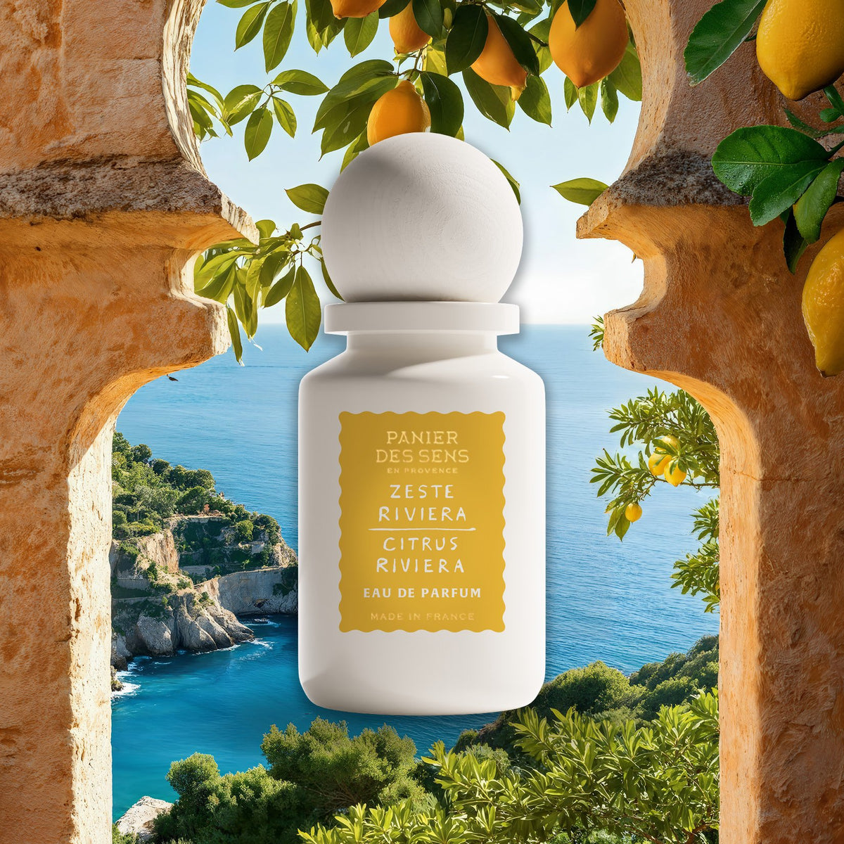 Citrus Riveria Perfume bottle with lemon tree and coastal view