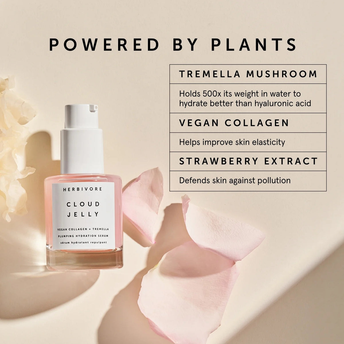 Herbivore Cloud Jelly skincare serum with ingredients listed on a beige background