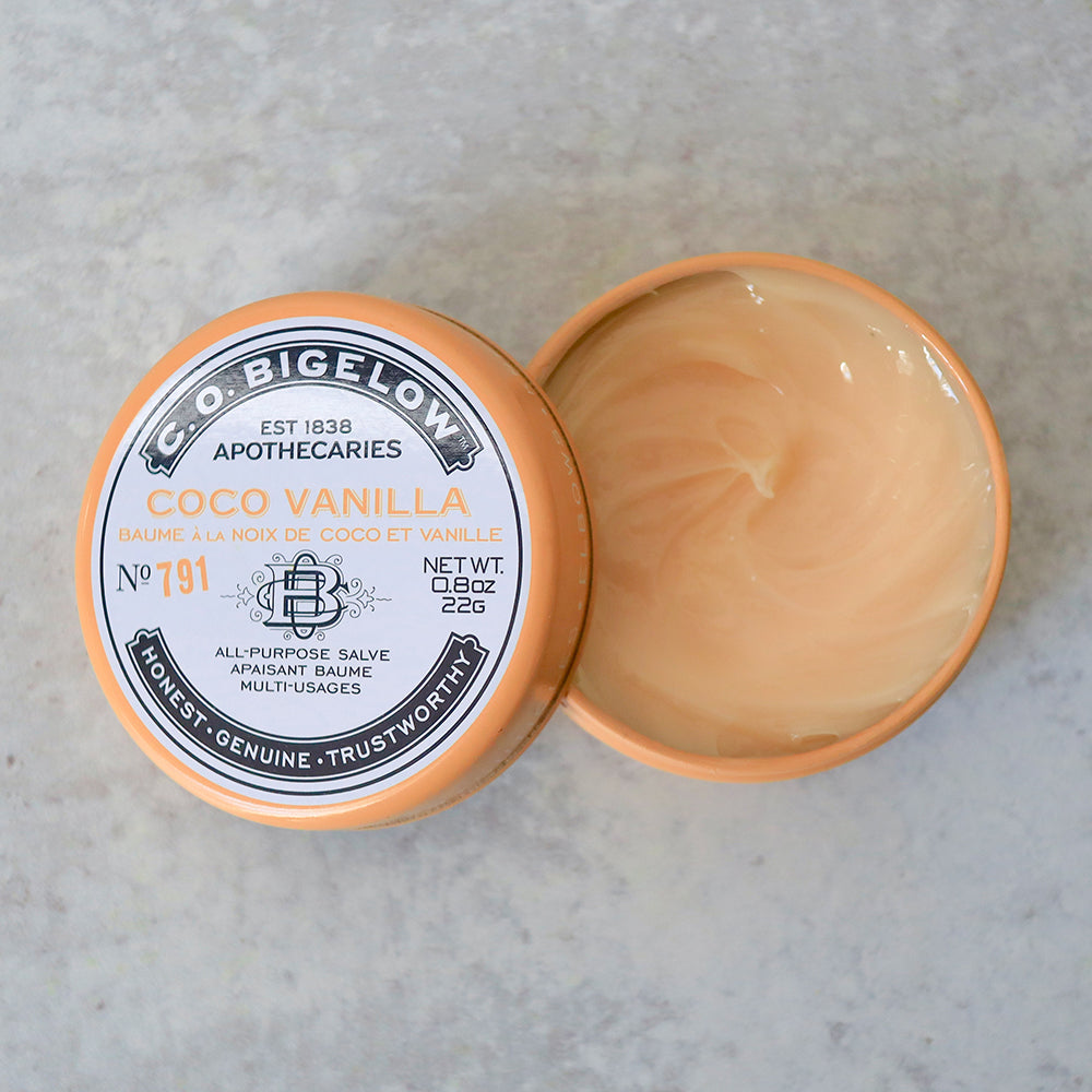 C.O. Bigelow Coco Vanilla balm container on a gray background