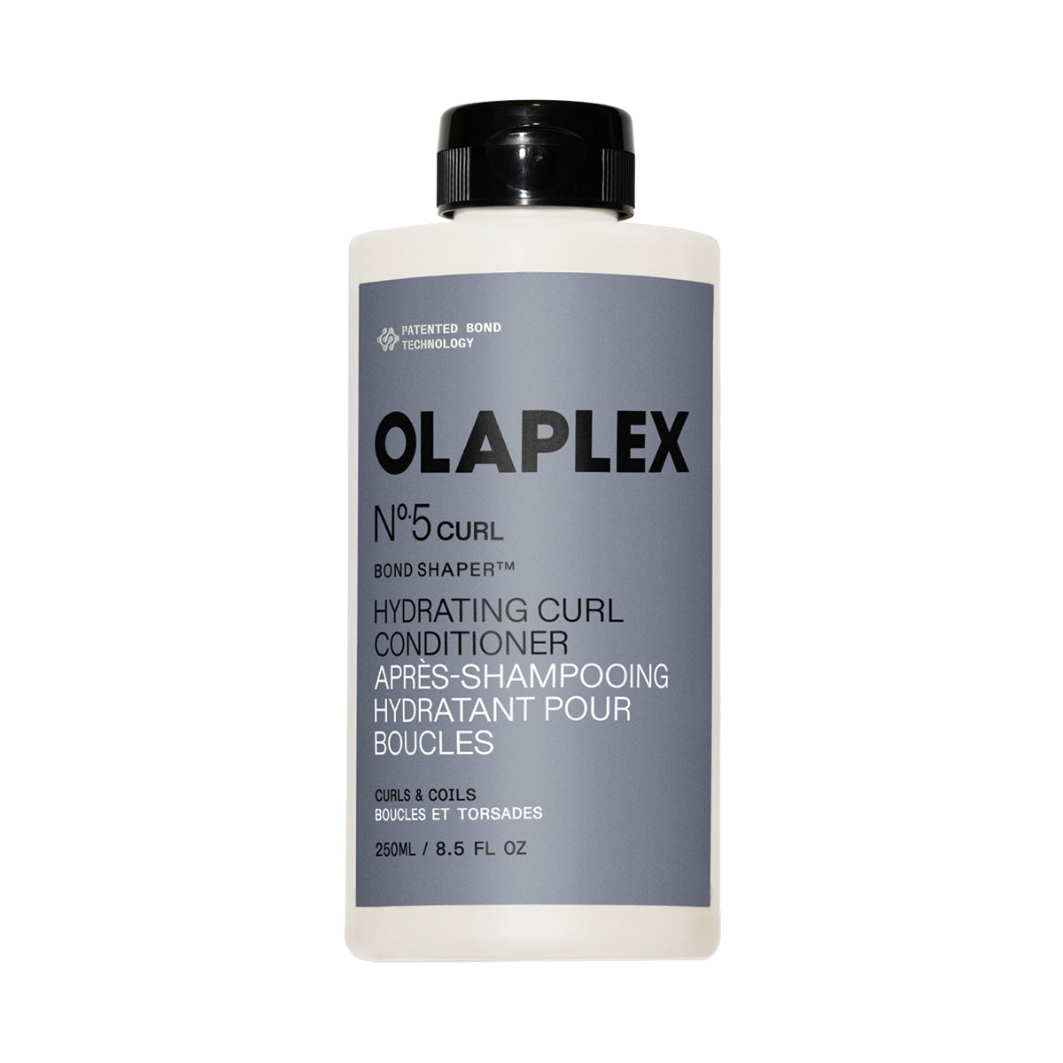 A 250ml bottle of Olaplex No.5 Curl Bond Shaper Hydrating Curl Conditioner, featuring a white bottle with a black cap and a gray label.