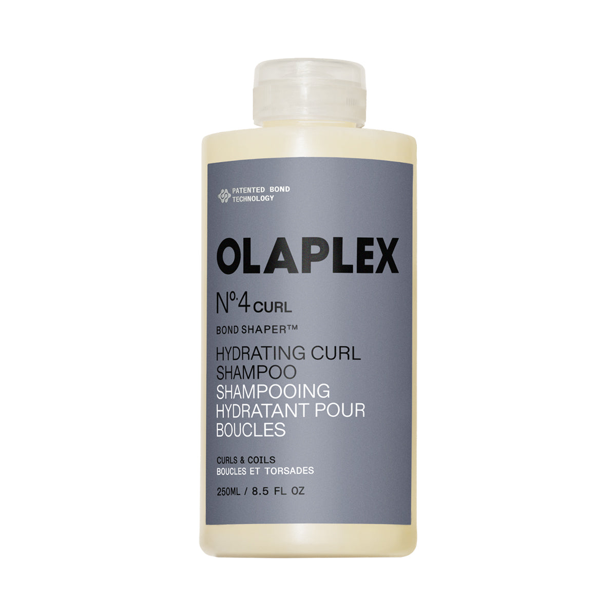 A 250ml bottle of Olaplex No. 4 Curl Hydrating Curl Shampoo, featuring a translucent beige bottle and a dark gray label with black and white text, set against a plain white background.