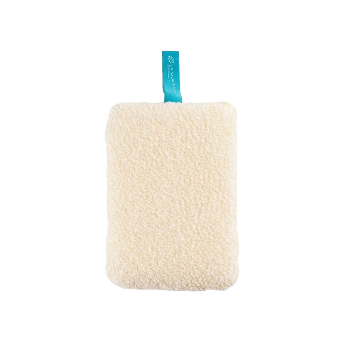 Square textured cleaning pad with a blue tag on a white background