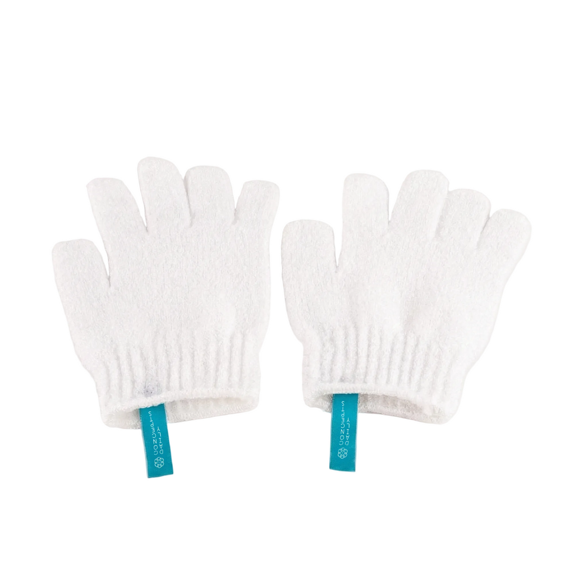 White gloves with blue labels on a white background