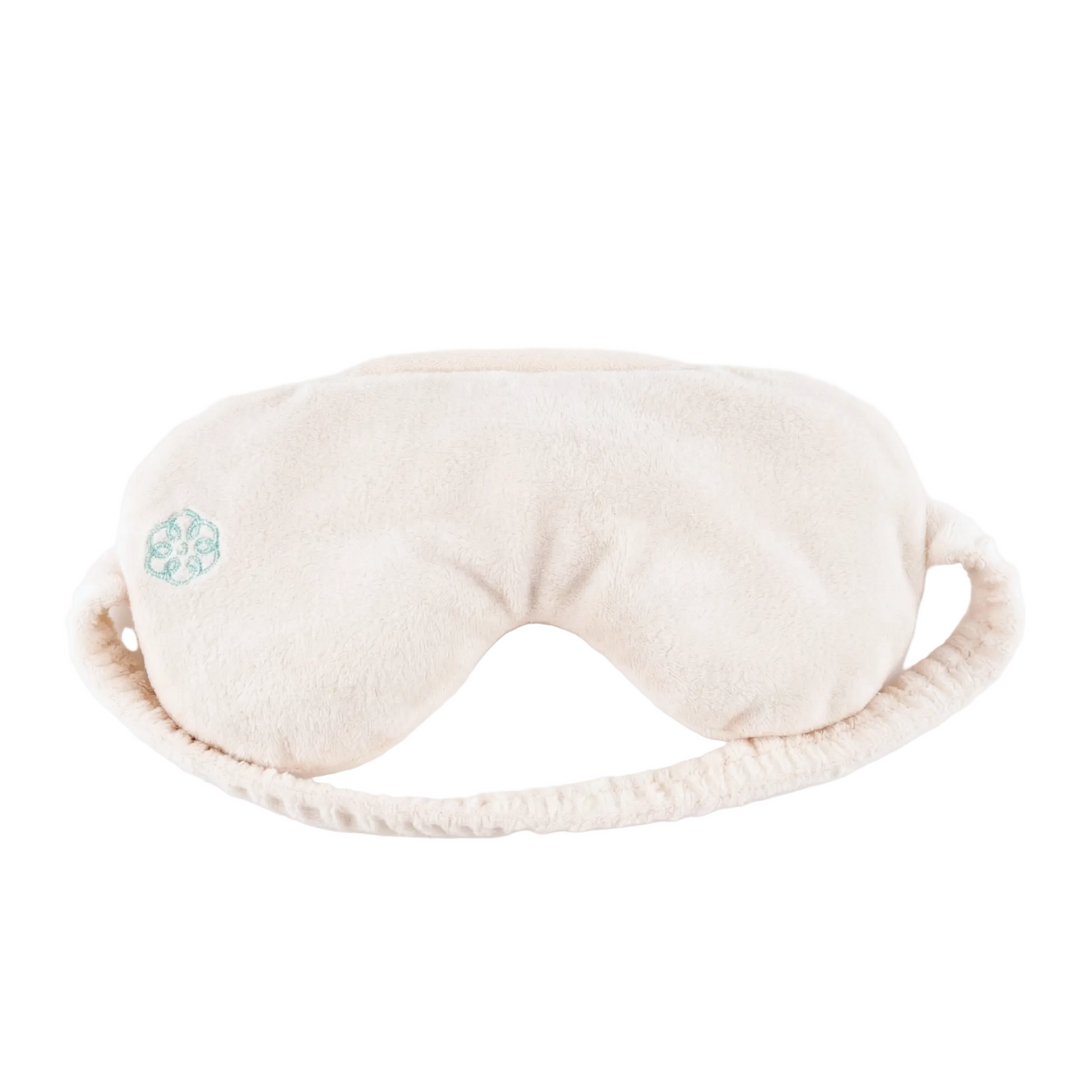Cream-colored eye mask with a logo on a white background