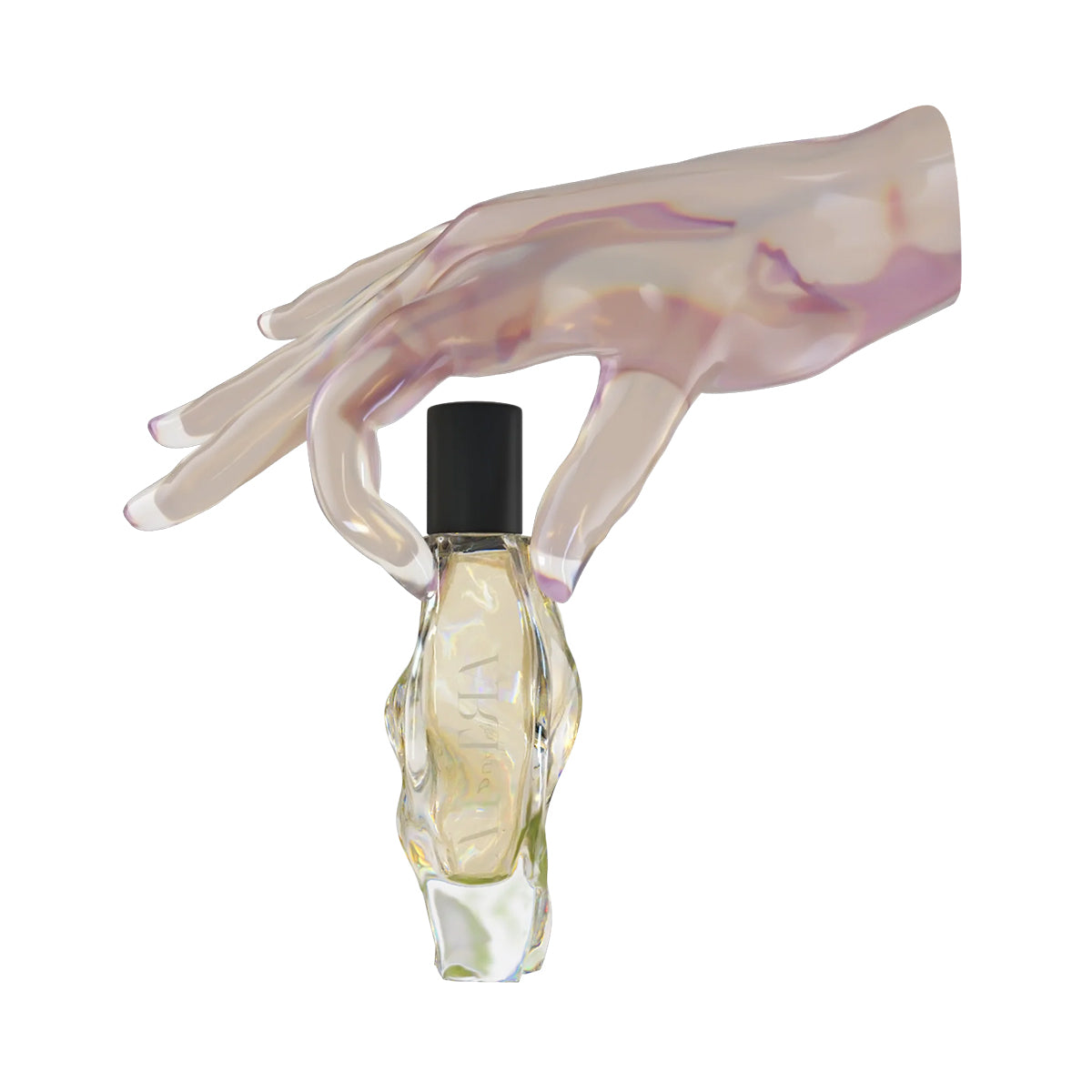 Perfume bottle held by a marble-textured hand on a white background