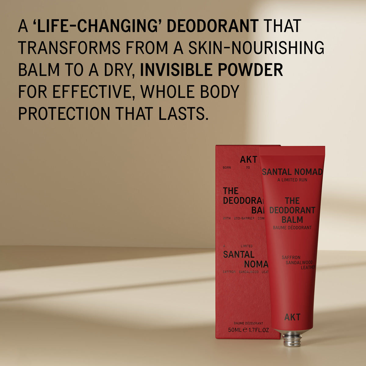 A red tube of ACT The Deodorant Balm next to its matching red box, with a large text overlay describing the product's transformative skin-nourishing and powder-form properties on a beige background.
