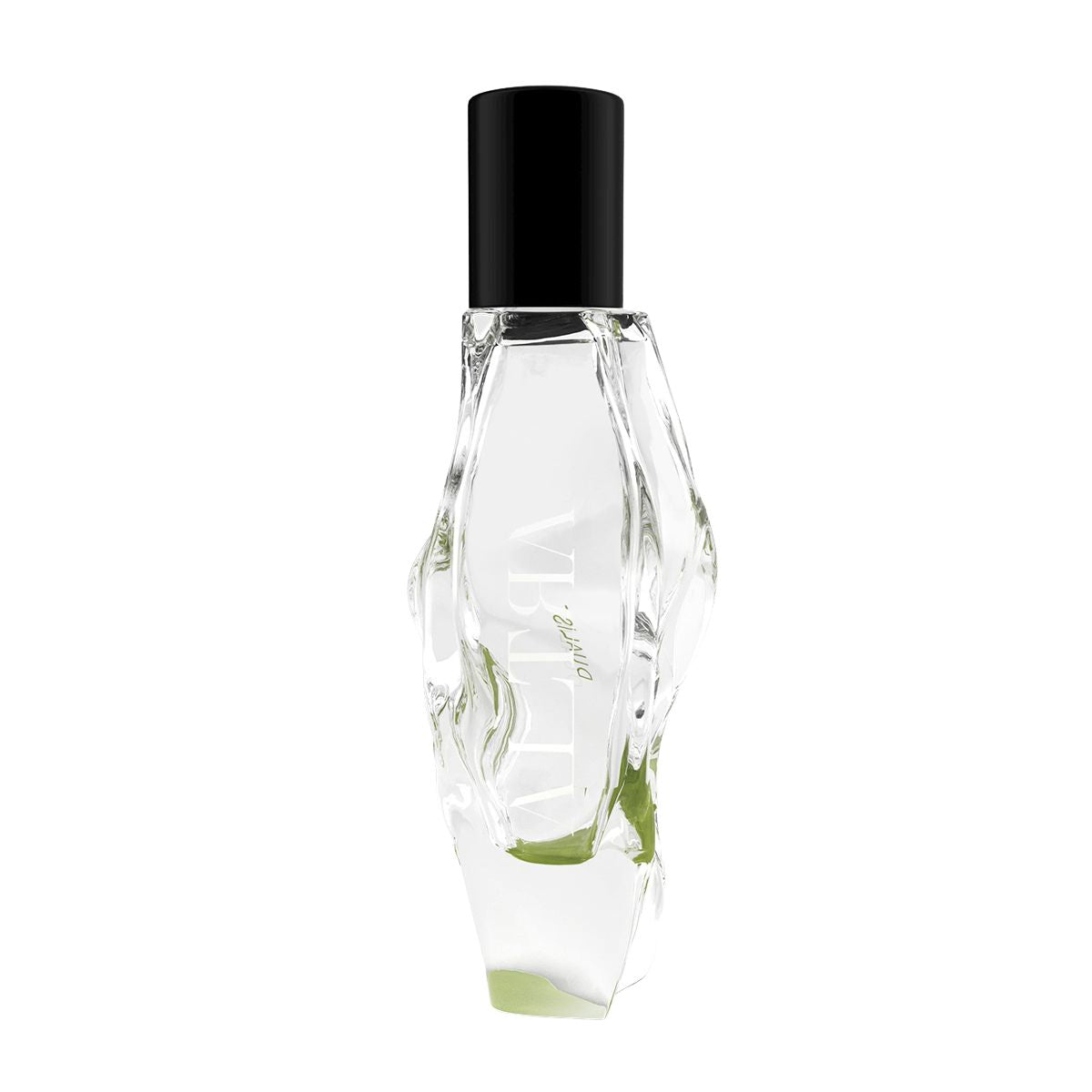Clear perfume bottle with black cap on a white background