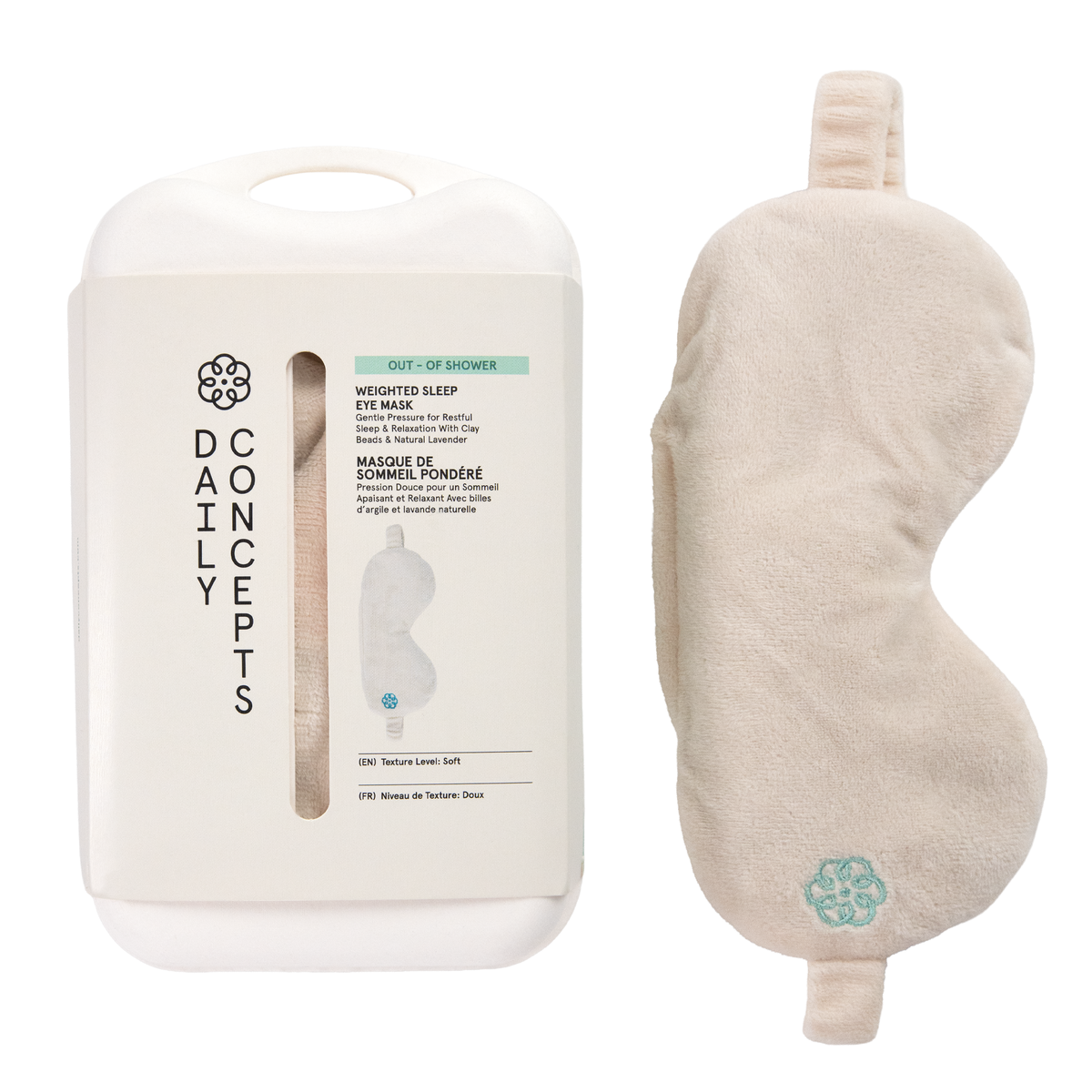 Weighted sleep eye mask with packaging on a white background