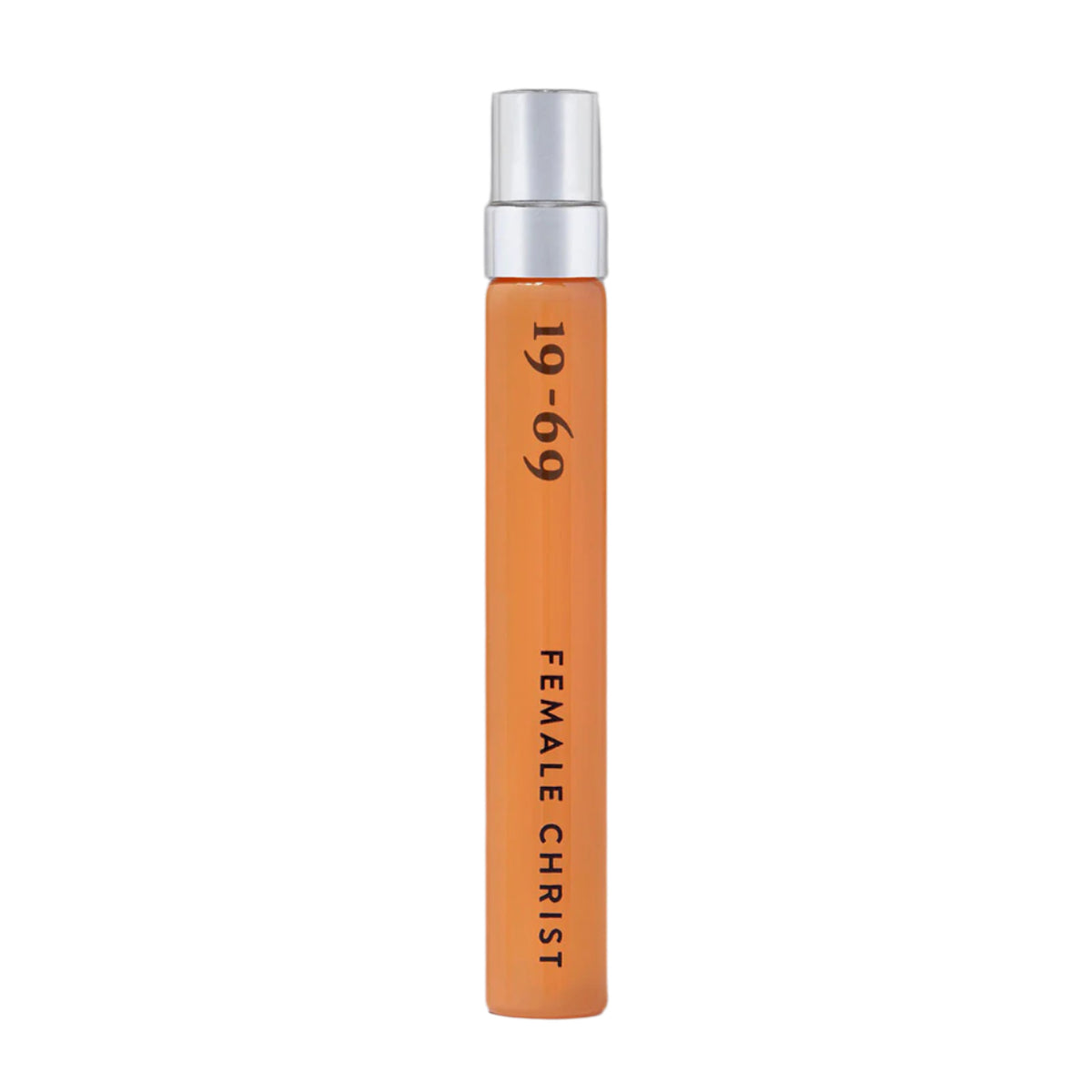 19-69 Female Christ Eau de Parfum travel size.  Orange tinted glass vial with spray cap.