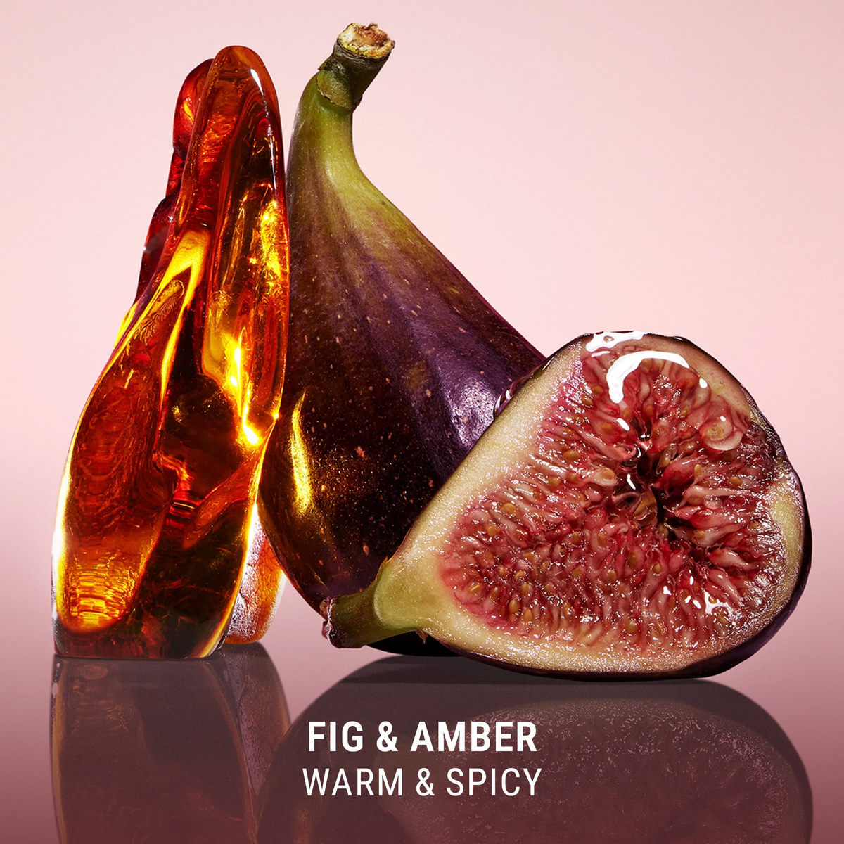 Figs and amber liquid with 'Fig & Amber' text on a reflective surface