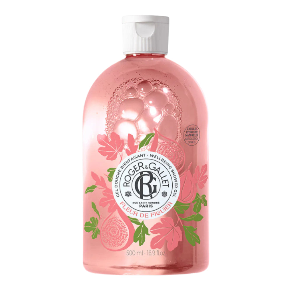 Bottle of Roger & Gallet's Fleur De Figuier Shower Gel in front of a flat white background.
