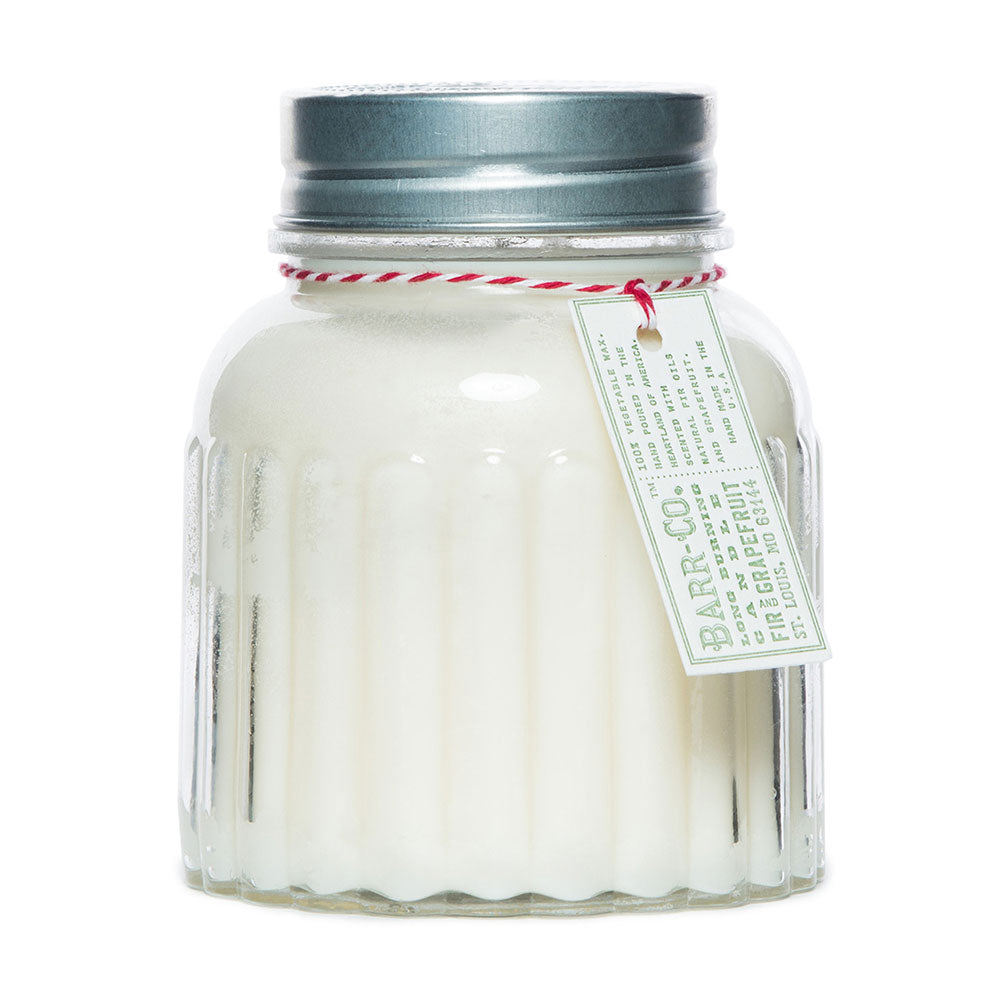 Glass jar with metal lid with a Barr-co. tag