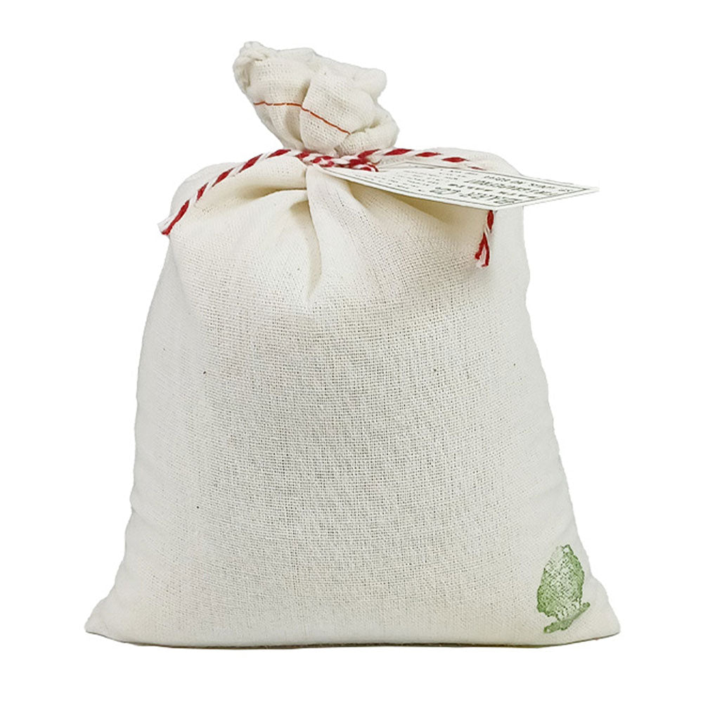 A beige cotton drawstring bag with a label and red twine hanging from the top.