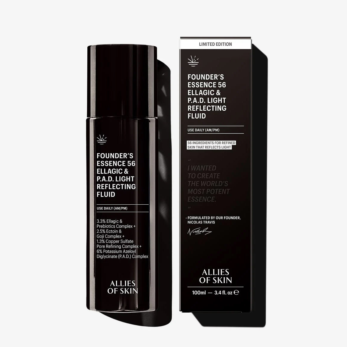 Black skincare bottle and packaging of Allies of Skin on a white background