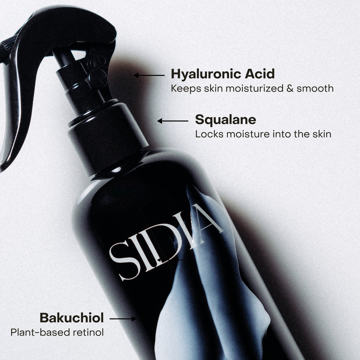 SIDIA product with hyaluronic Acid, Squalane, and Bakuchiol listed as ingredients on a white background