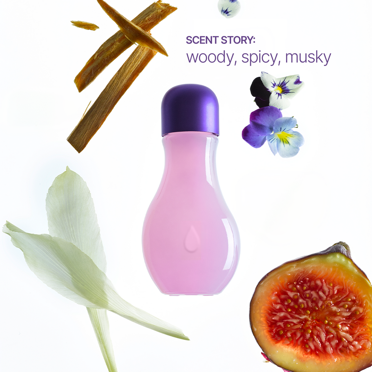 A pink bottle with a purple cap is centered on a white background, surrounded by scent-related ingredients and flowers: cinnamon sticks, white orchid petals, purple and white pansies, and a sliced fig. Text reads 'SCENT STORY: woody, spicy, musky'.