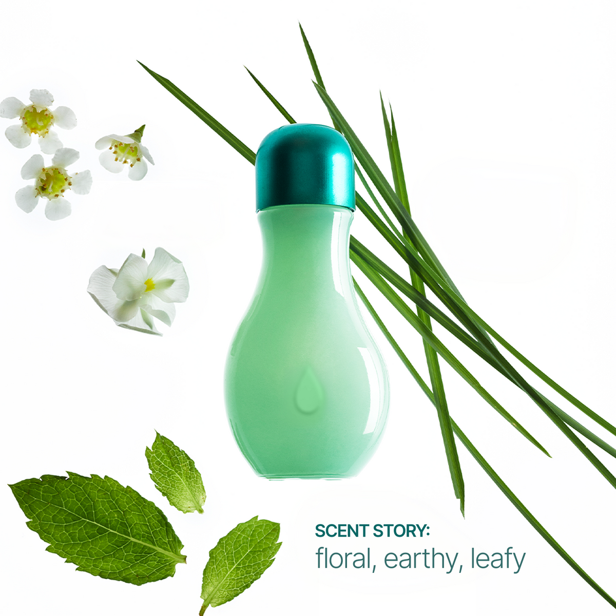 A mint green perfume bottle with a metallic teal cap, styled with white flowers, green leaves, and grass on a white background, with text reading 'SCENT STORY: floral, earthy, leafy'.