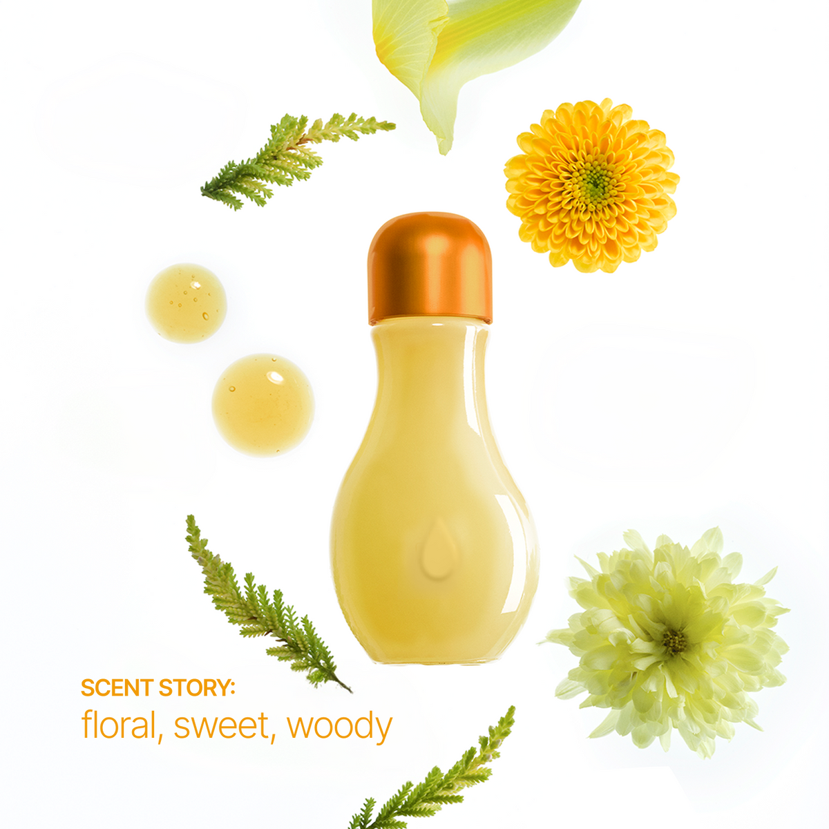 A frosted glass bottle filled with pale yellow liquid and topped with a metallic copper cap, centered on a white background with floating floral and botanical props and the text 'SCENT STORY: floral, sweet, woody'.
