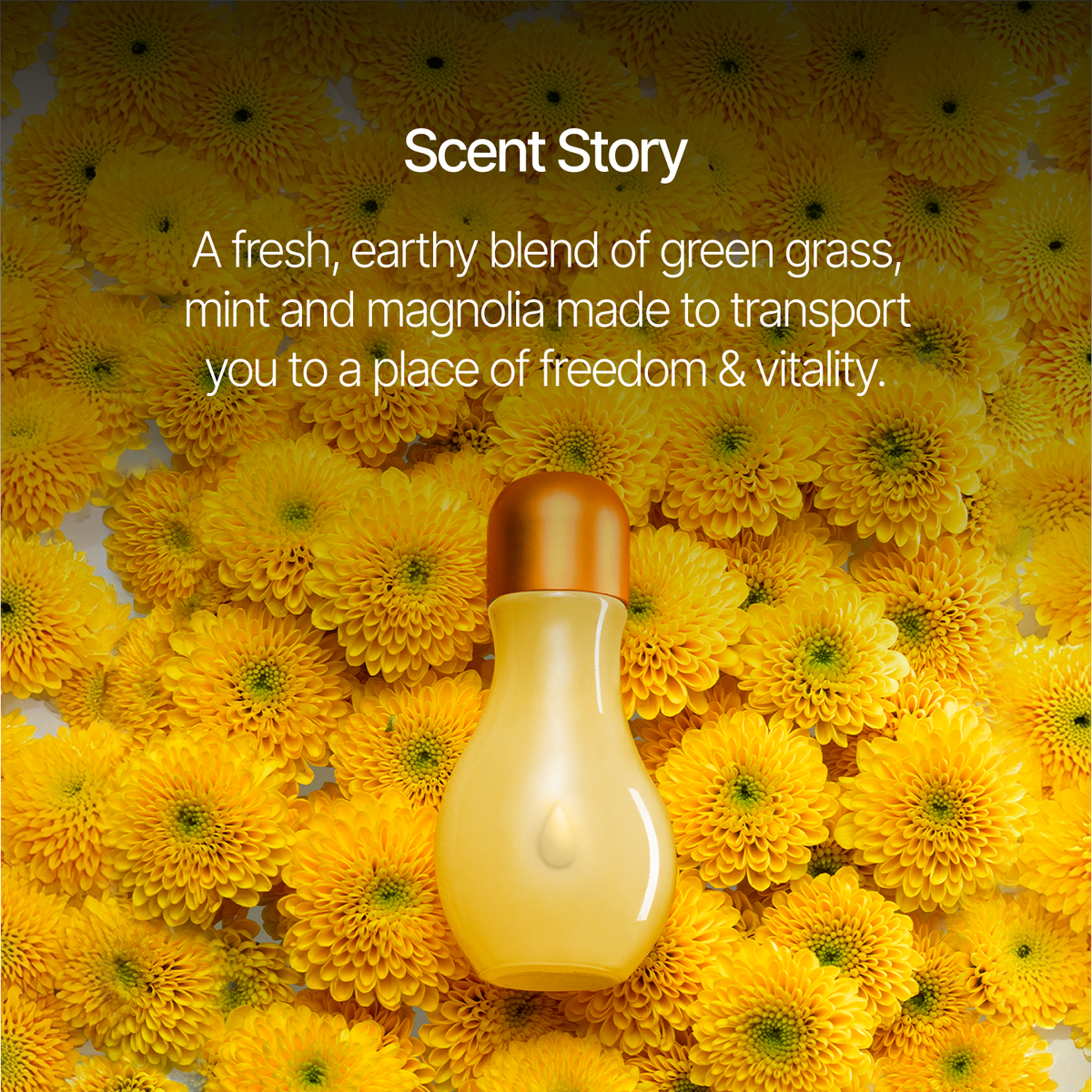 A small frosted glass perfume bottle with a metallic gold cap sits centered on a dense background of yellow flowers. White text at the top reads 'Scent Story' with a descriptive scent note about fresh grass, mint, and magnolia.