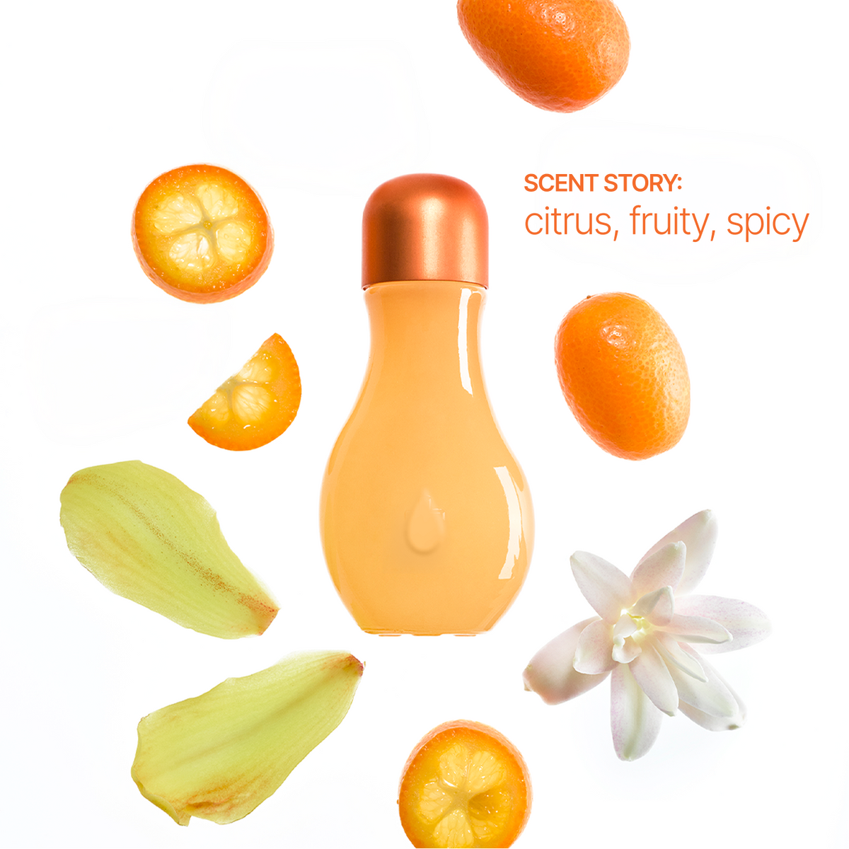 An orange-colored perfume bottle with a metallic copper cap, surrounded by citrus slices, a white flower, and ginger slices on a white background, with text reading 'SCENT STORY: citrus, fruity, spicy'.