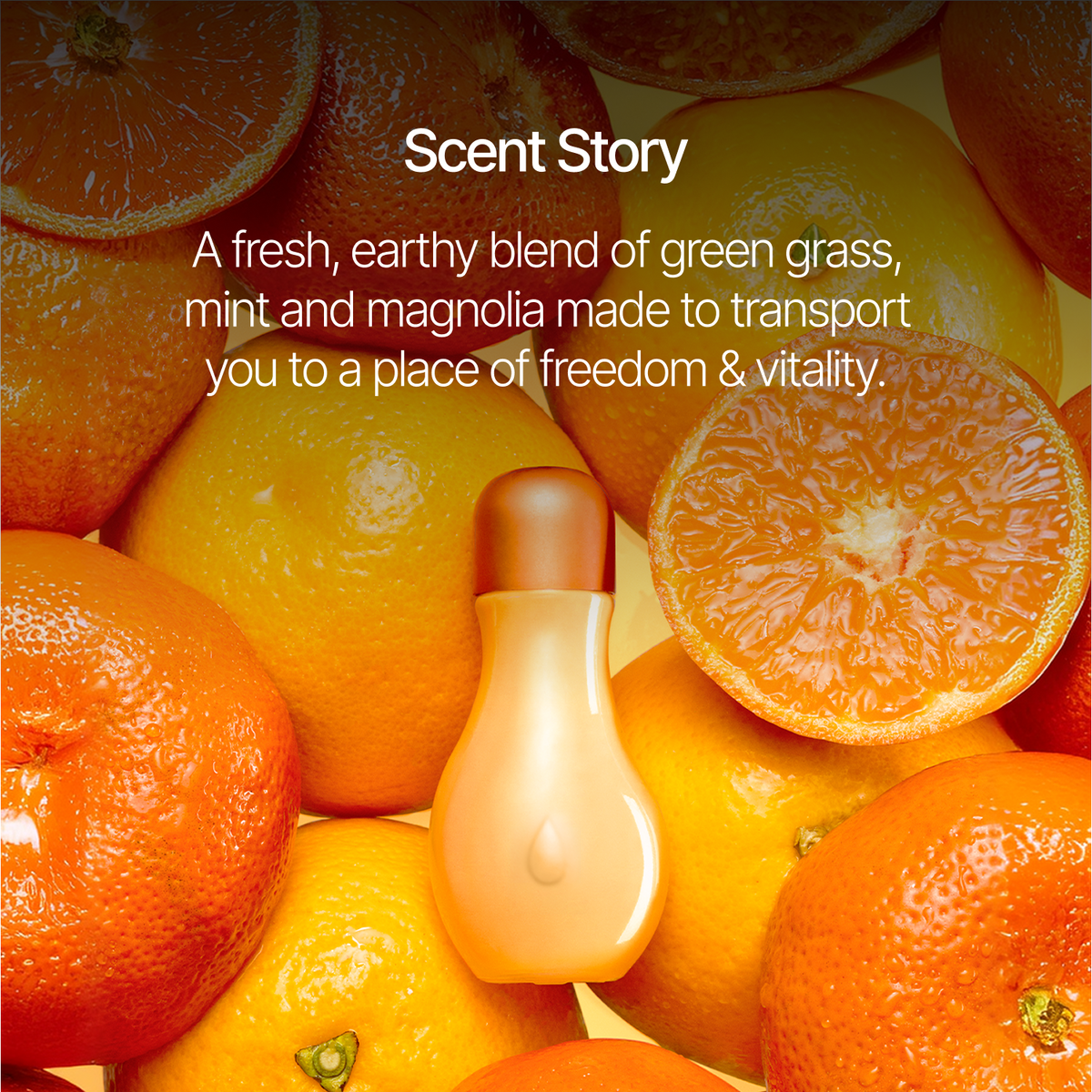 A perfume bottle with a warm beige body and a brown cap, centered on a background of fresh oranges and orange slices. White text at the top reads 'Scent Story' with a descriptive scent note about green grass, mint, and magnolia.