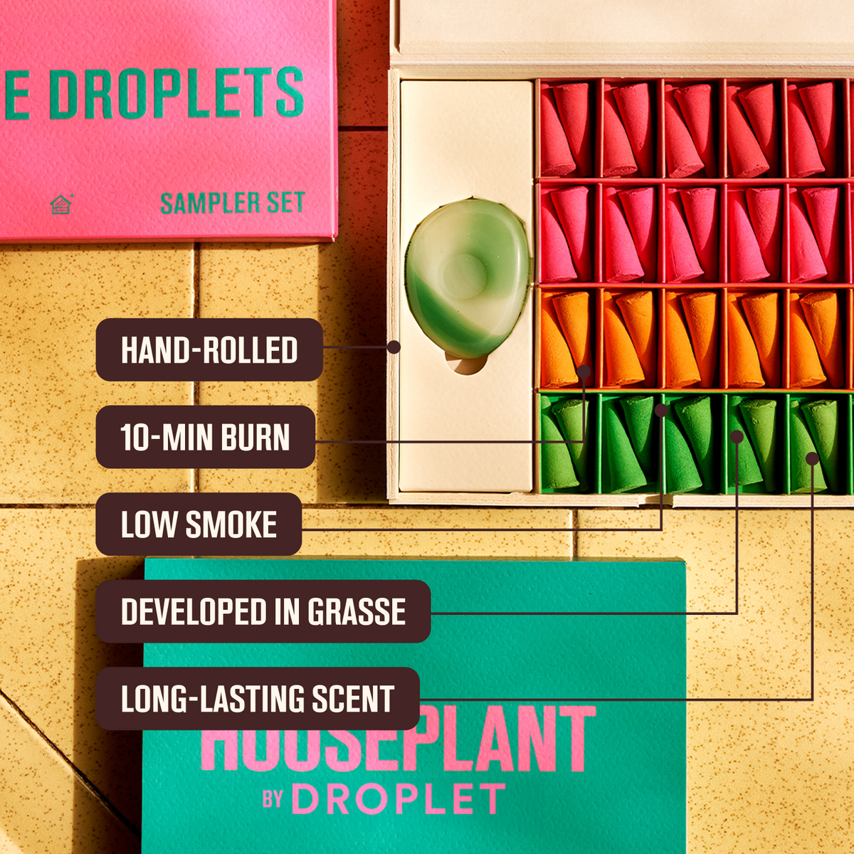 A product infographic for the Houseplant by Droplet ' Droplets' Sampler Set. It shows an open box filled with colorful wax melts (pink, red, orange, green) alongside a single green wax melt displayed in a droplet shape.