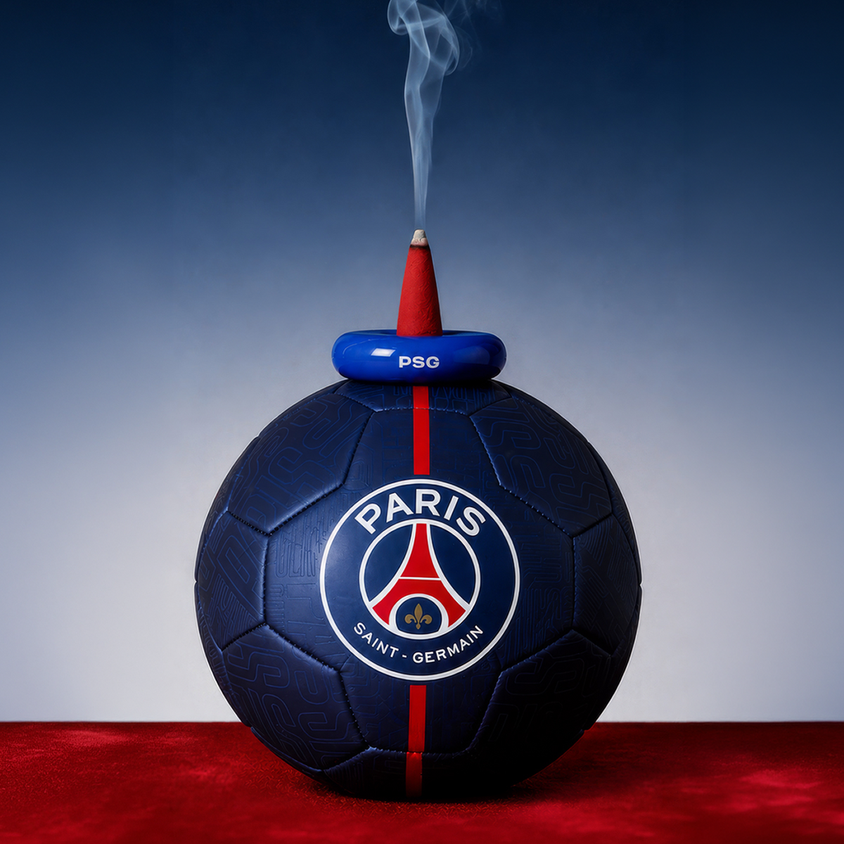 A Paris Saint-Germain soccer ball-shaped object with a red and blue top, emitting a plume of smoke, set against a blue gradient background with a red surface below.