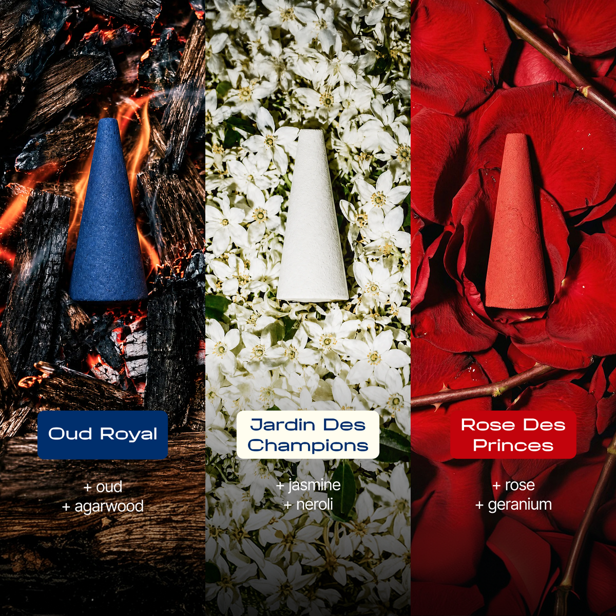 Three conical incense sticks are shown in a vertical triptych: a blue incense stick on dark wood with flames, a white incense stick on white flowers, and a red incense stick on red roses. Text labels identify the scents as Oud Royal, Jardin Des Champions, and Rose Des Princes.
