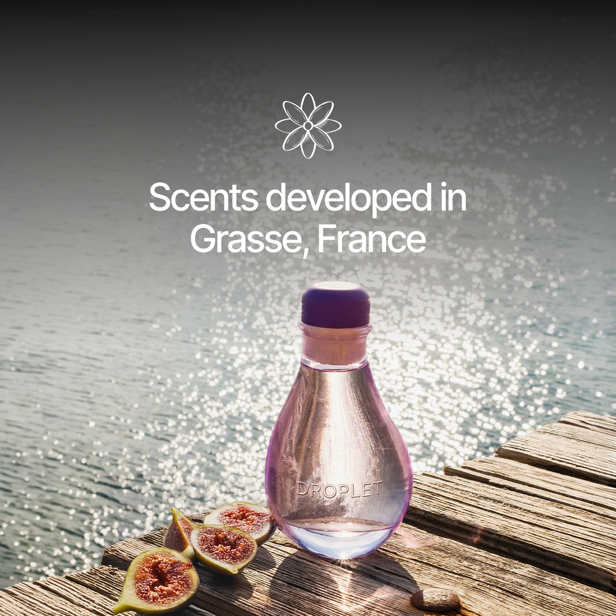 A clear glass perfume bottle with a purple cap sits on a wooden dock beside sliced figs, with water and a hazy sky in the background. White text above reads 'Scents developed in Grasse, France' with a flower icon.