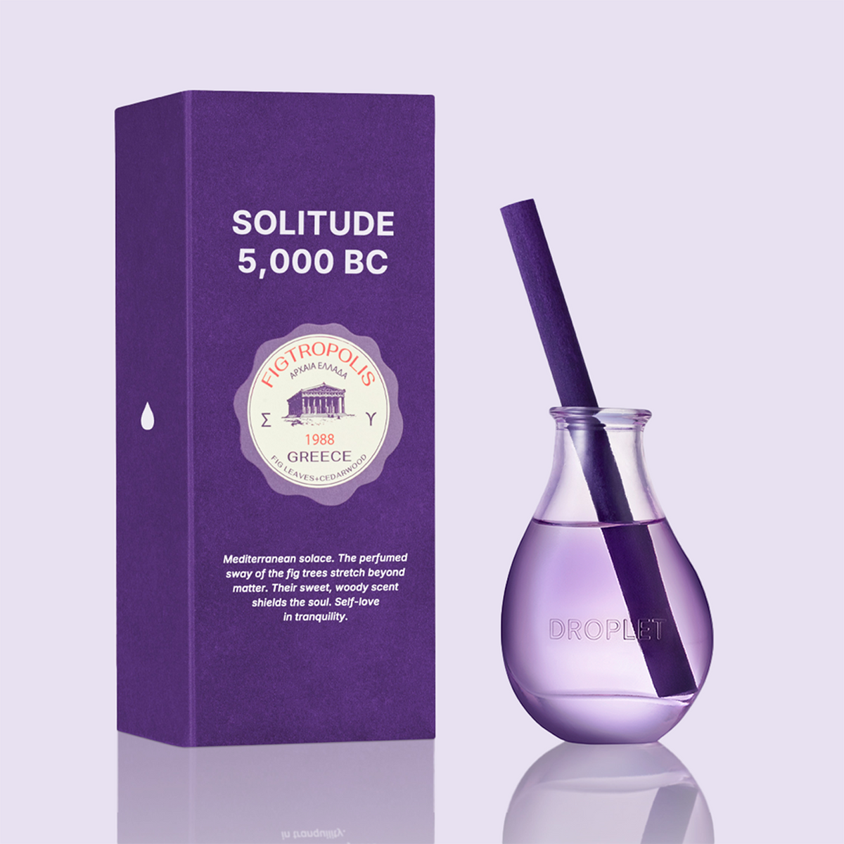 A purple box labeled 'SOLITUDE 5,000 BC' stands beside a clear glass dropper bottle with a purple straw and lavender liquid, on a pale lavender background.