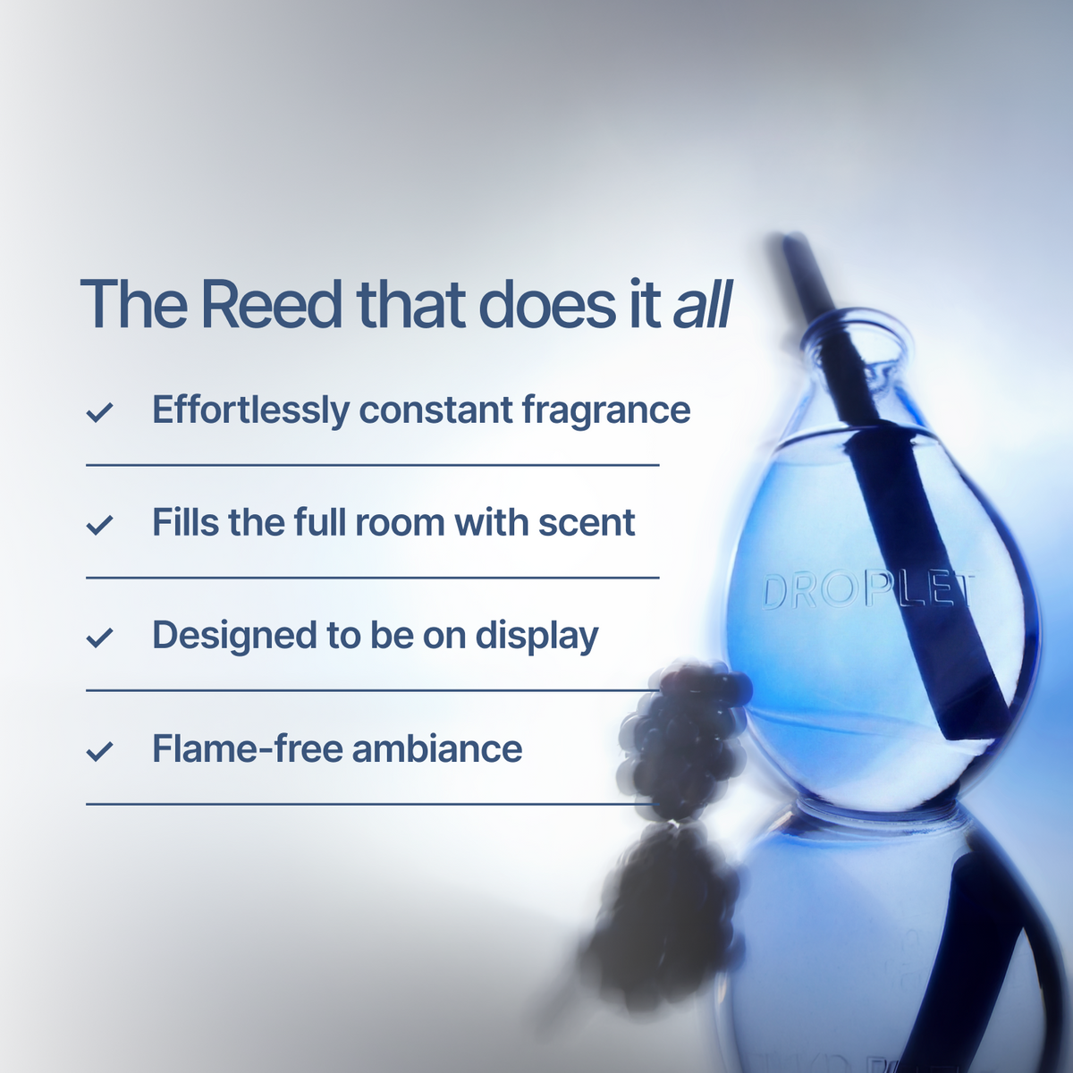 A droplet-shaped fragrance diffuser bottle with a black wick, shown on a light blue gradient background with marketing text listing benefits like constant fragrance and full-room scent coverage.
