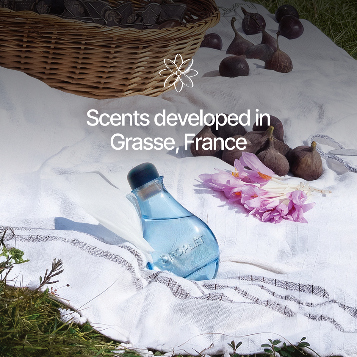 A small translucent blue perfume bottle with a black cap sits on a white picnic blanket outdoors, surrounded by figs, pink flowers, a wicker basket, and grass. White text across the center reads 'Scents developed in Grasse, France'.
