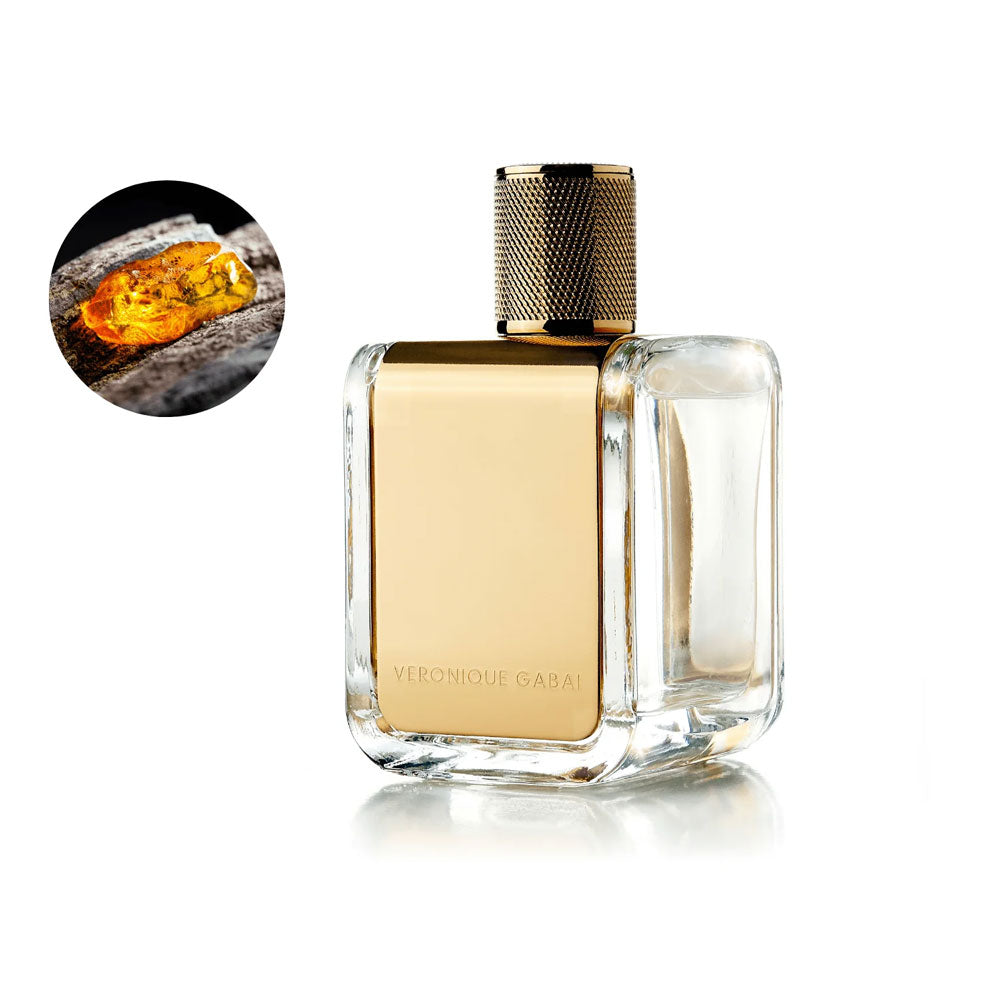Veronique Gabai Golden Oud Eau de Parfum with amber fragrance note in upper lefthand corner.