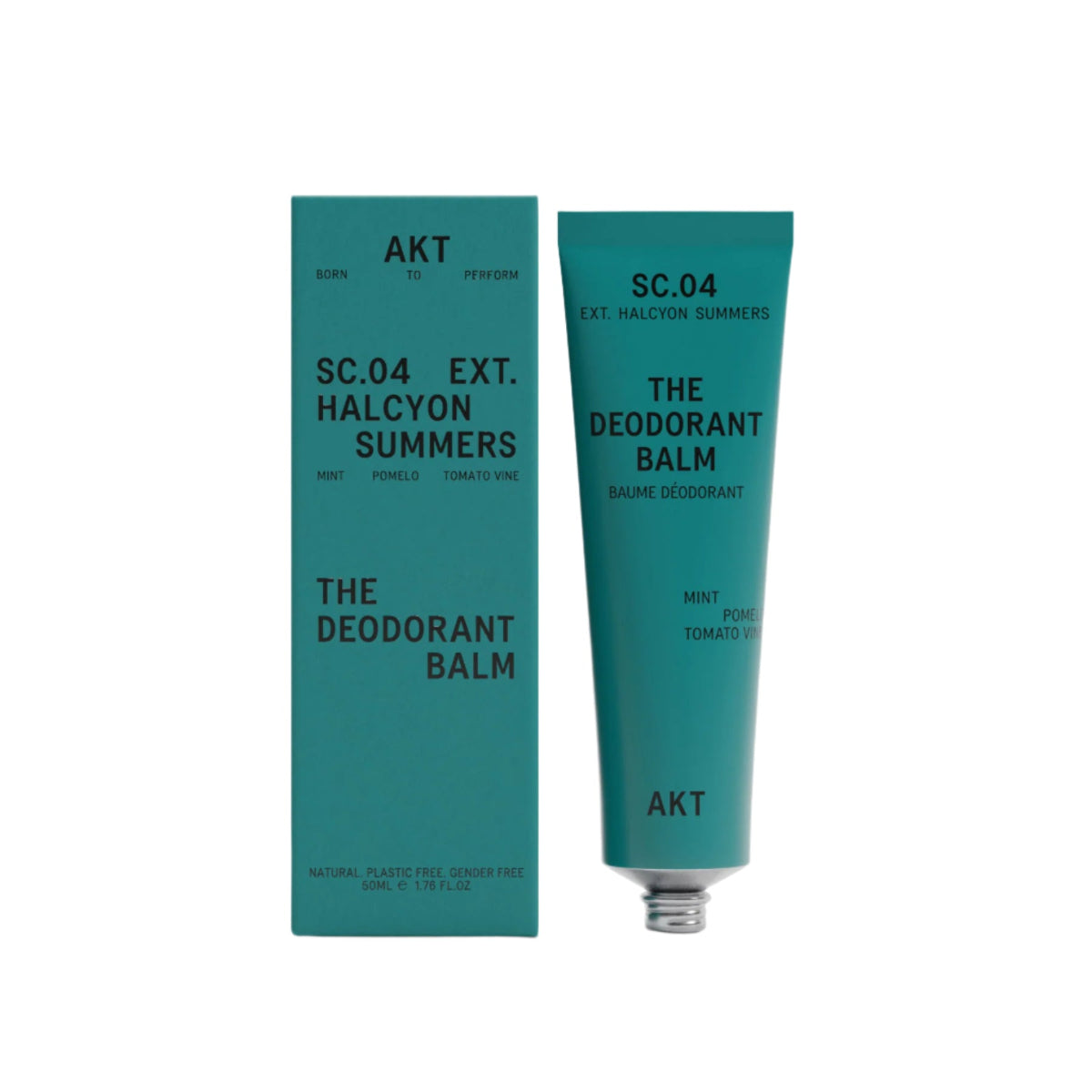 AKT Halcyon Summers scented Deodorant Balm in teal tube next to teal product box on a white background. 