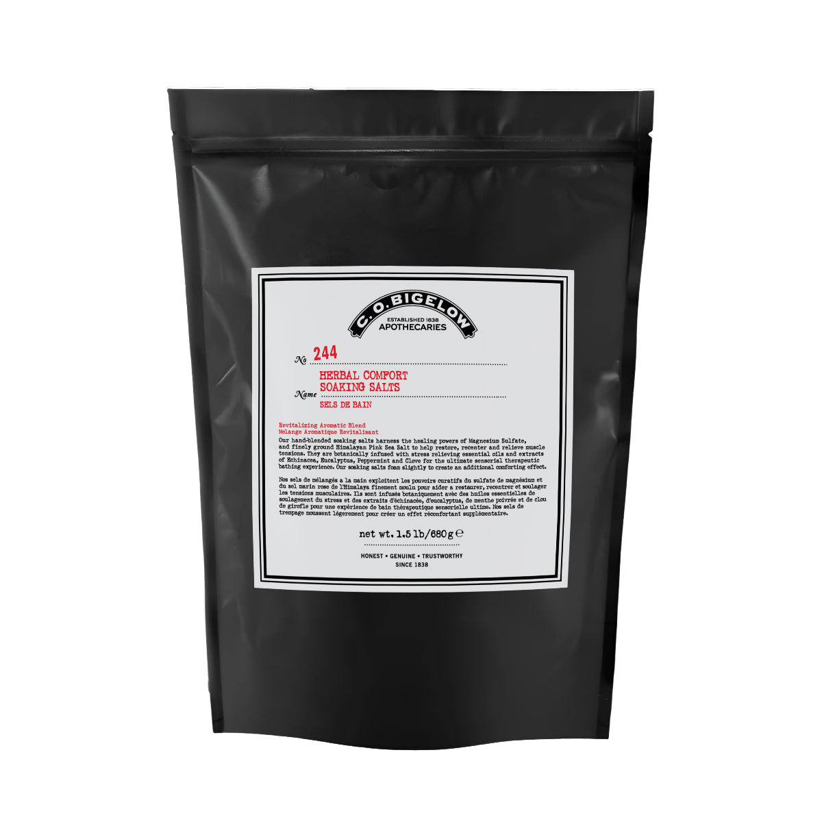 C.O. Bigelow Herbal Comfort Soaking Salts Bag on a white background. 
