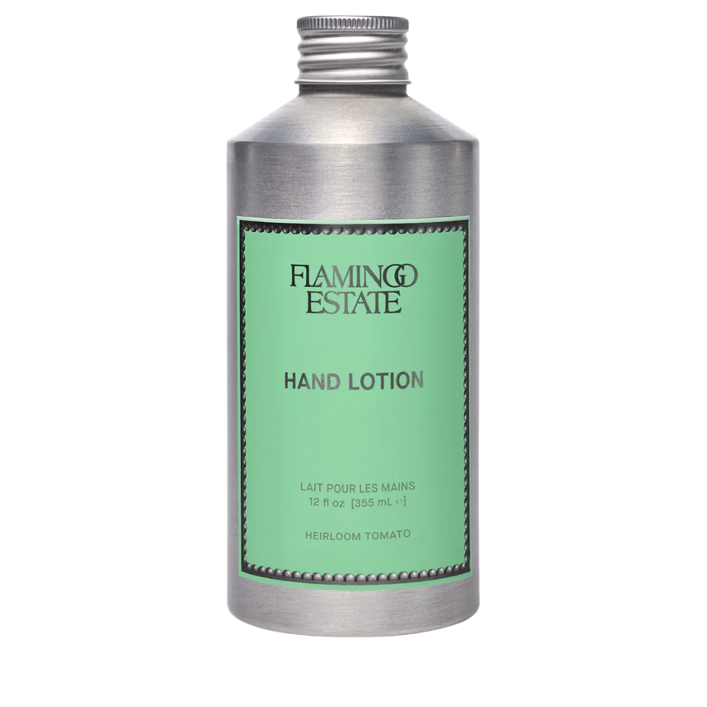 Flamingo Estate Tomato hand lotion bottle with green label on a white background