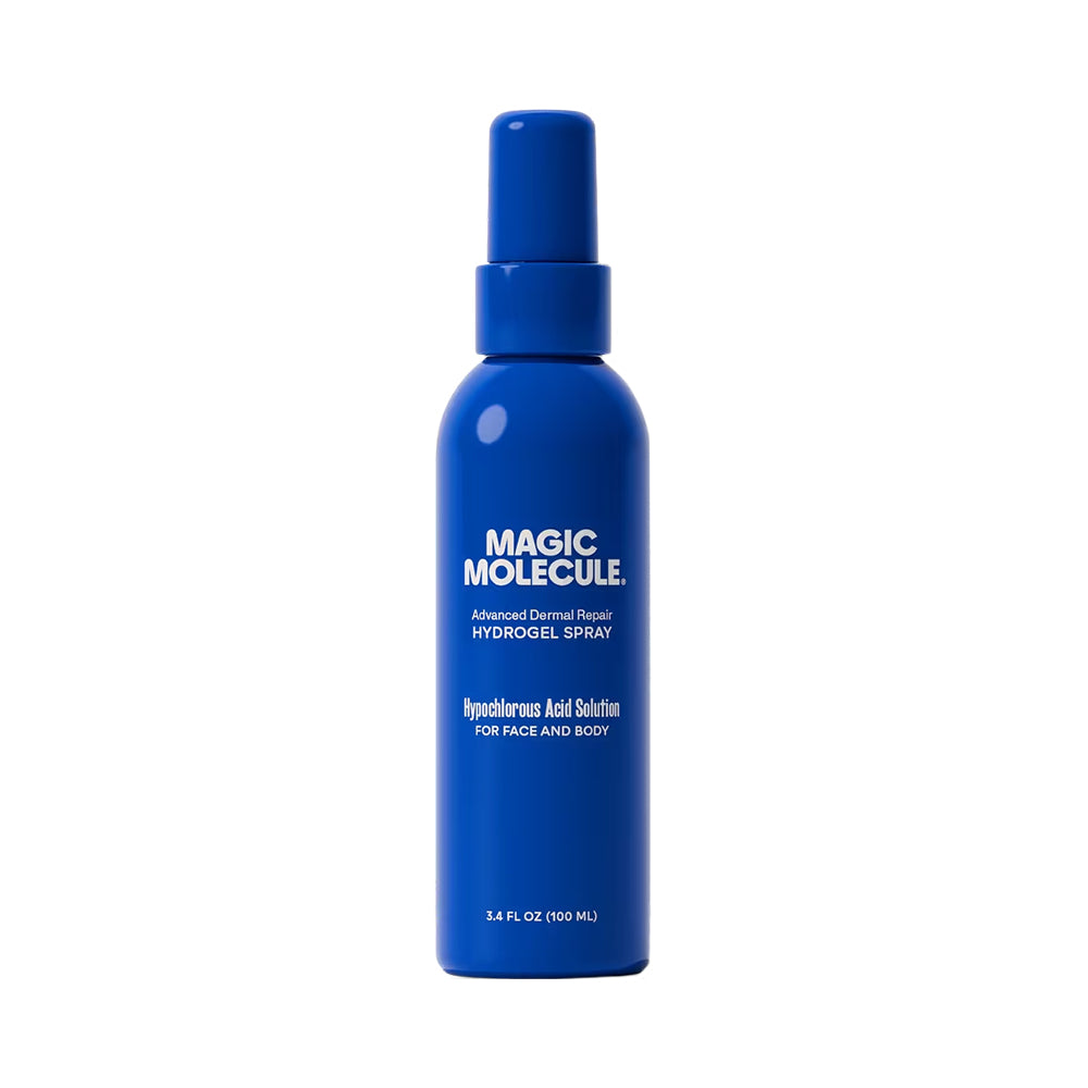Blue spray bottle labeled 'Magic Molecule' on a white background