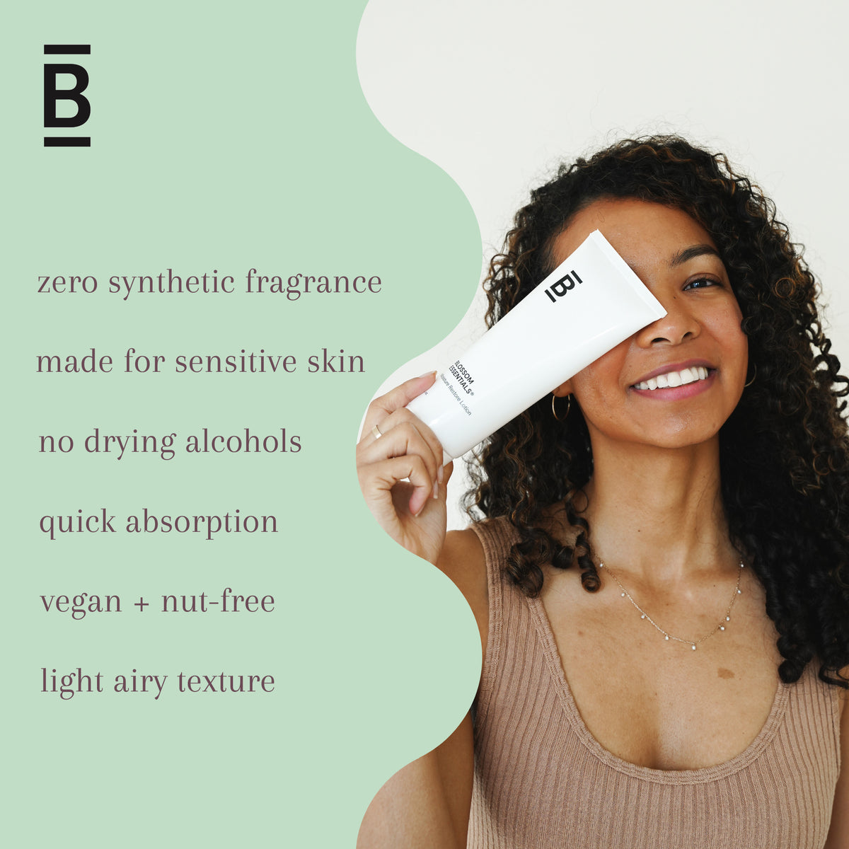 Woman holding a skincare product with text about product features on a light green background