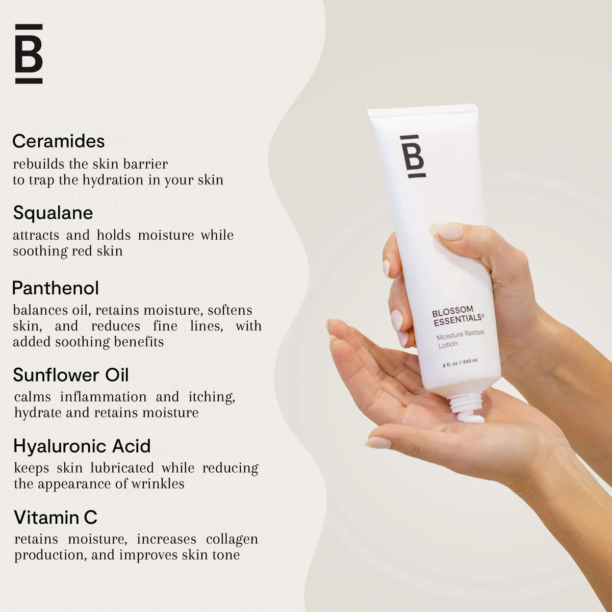 Hand holding a bottle of skincare product with text about skincare ingredients on a white background