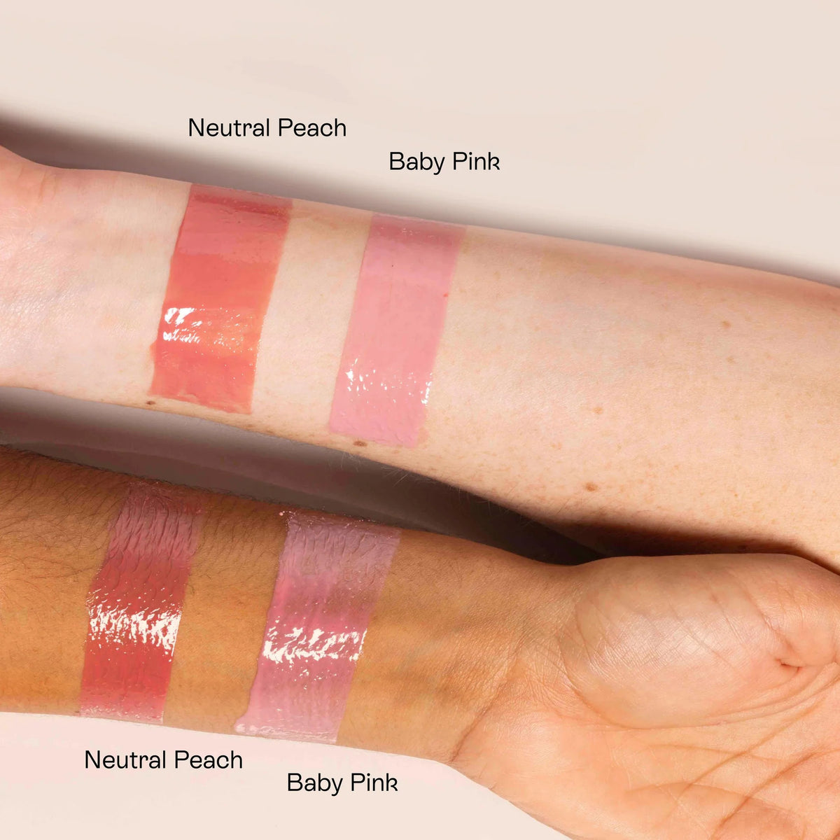 BeautyStat C Lip Serum Neutral Peach swatched on two arms with different skin tones.