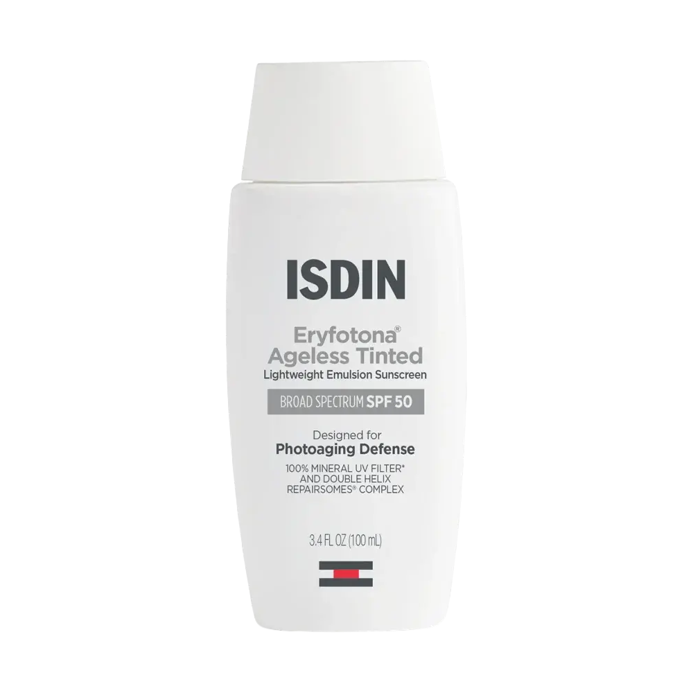 ISDIN Eryfotona Ageless Tinted Lightweight Emulsion Sunscreen SPF 50 bottle, 100 mL, in white with black and gray text and a small red, white, and blue logo at the bottom.